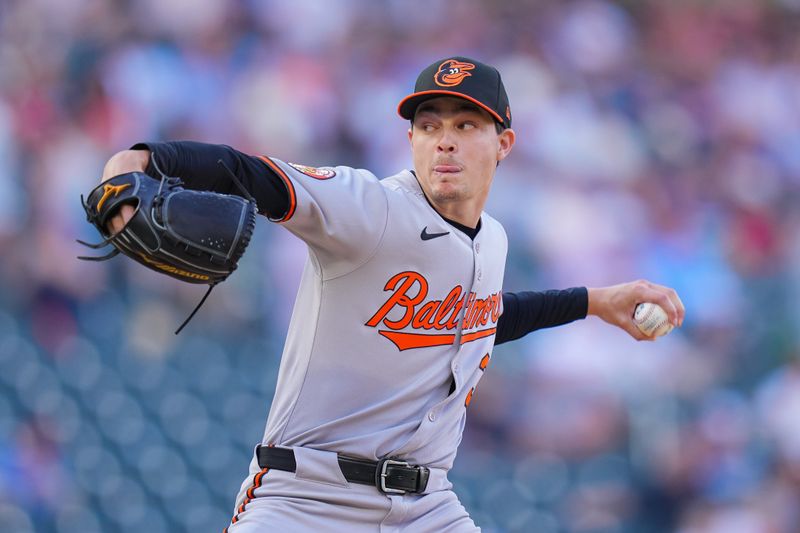 May 6, 2025; Minneapolis, Minnesota, USA; Baltimore Orioles pitcher Cade Povich (37) pitches against the Minnesota Twins in the first inning at Target Field. Mandatory Credit: Brad Rempel-Imagn Images