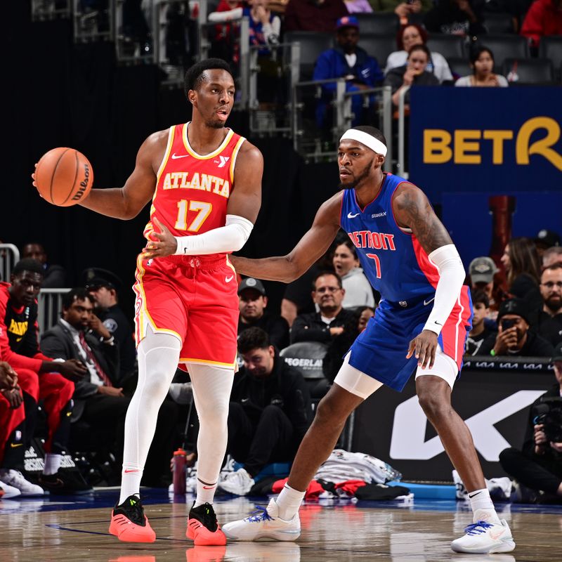 DETROIT, MI - NOVEMBER 8: Onyeka Okongwu #17 of the Atlanta Hawks looks to pass the ball during the game against the Detroit Pistons on November  8, 2024 at Little Caesars Arena in Detroit, Michigan. NOTE TO USER: User expressly acknowledges and agrees that, by downloading and/or using this photograph, User is consenting to the terms and conditions of the Getty Images License Agreement. Mandatory Copyright Notice: Copyright 2024 NBAE (Photo by Chris Schwegler/NBAE via Getty Images)