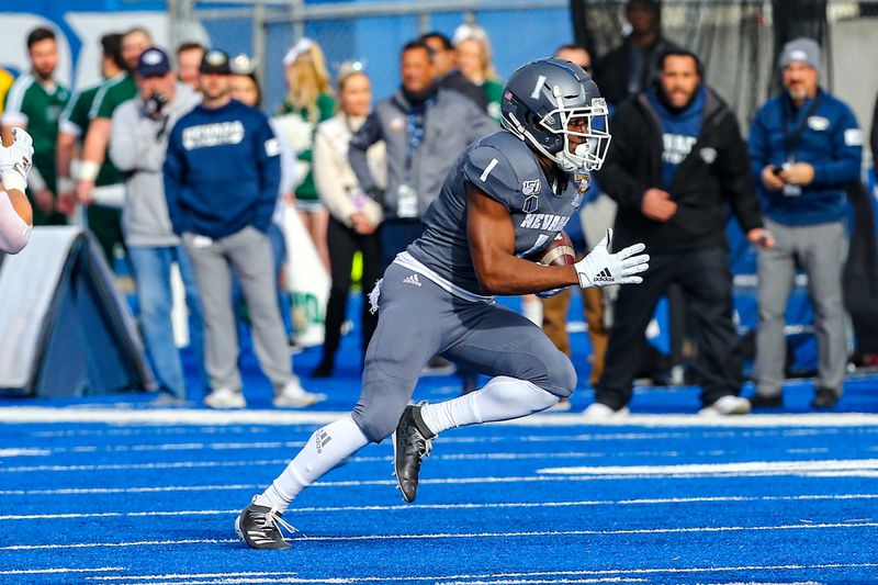 Jan 3, 2020; Boise, Idaho, USA; Nevada Wolf Pack wide receiver Melquan Stovall (1)  during the first half of the Famous Idaho Potato Bowl against the Ohio Bobcats  at Albertsons Stadium. Mandatory Credit: Brian Losness-USA TODAY Sports
