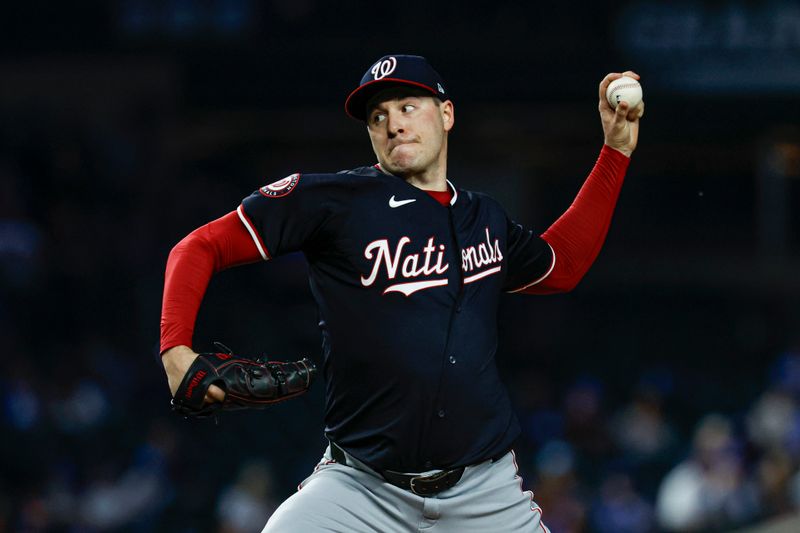 Sep 19, 2024; Chicago, Illinois, USA; Washington Nationals starting pitcher Patrick Corbin (46) delivers a pitch against the Chicago Cubs during the first inning at Wrigley Field. Mandatory Credit: Kamil Krzaczynski-Imagn Images