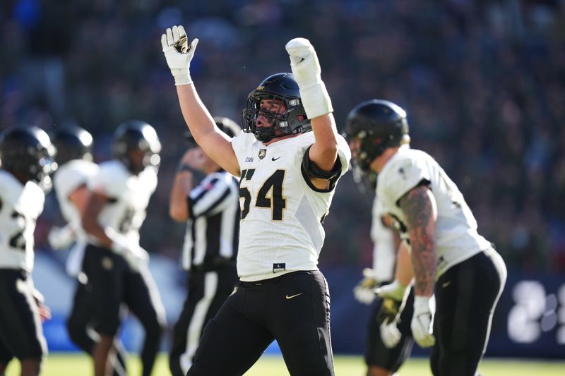 Nov 4, 2023; Denver, Colorado, USA; Army Black Knights defensive back Max DiDomenico (6) celebrates a unsuccessful field goal kick by the Air Force Falcons in the second half at Empower Field at Mile High. Mandatory Credit: Ron Chenoy-USA TODAY Sports