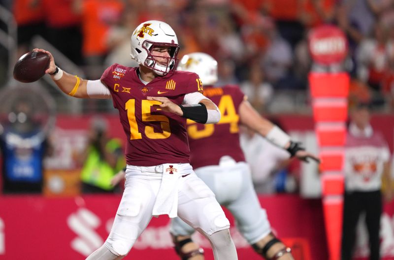 Dec 29, 2021; Orlando, Florida, USA; Iowa State Cyclones quarterback Brock Purdy (15) passing against the Clemson Tigers during the second half of the 2021 Cheez-It Bowl at Camping World Stadium. Mandatory Credit: Jasen Vinlove-USA TODAY Sports