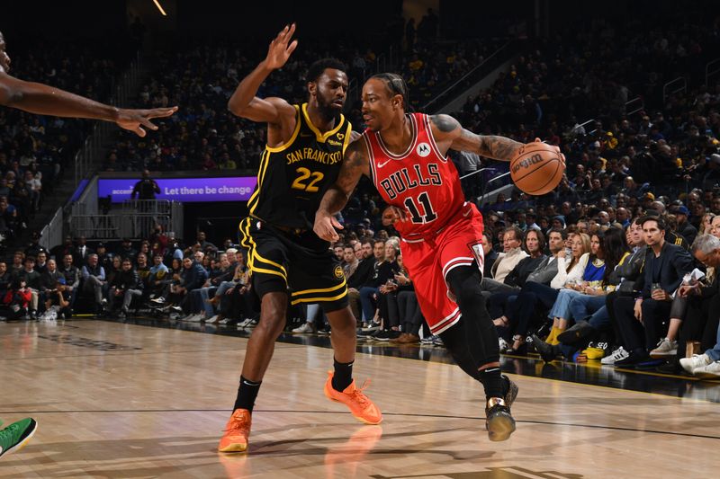 SAN FRANCISCO, CA - MARCH 7: DeMar DeRozan #11 of the Chicago Bulls handles the ball during the game against the Golden State Warriors on March 7, 2024 at Chase Center in San Francisco, California. NOTE TO USER: User expressly acknowledges and agrees that, by downloading and or using this photograph, user is consenting to the terms and conditions of Getty Images License Agreement. Mandatory Copyright Notice: Copyright 2024 NBAE (Photo by Noah Graham/NBAE via Getty Images)