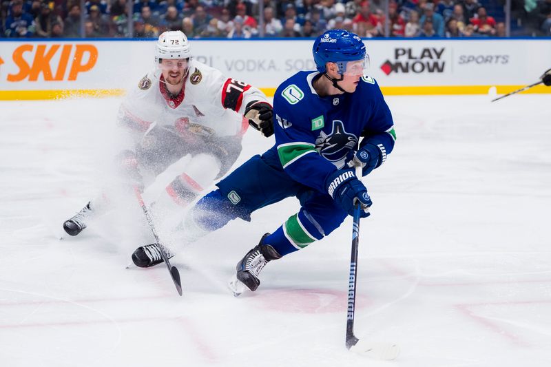 Jan 2, 2024; Vancouver, British Columbia, CAN; Ottawa Senators defenseman Thomas Chabot (72) defends against Vancouver Canucks forward Sam Lafferty (18) in the third period at Rogers Arena. Mandatory Credit: Bob Frid-USA TODAY Sports