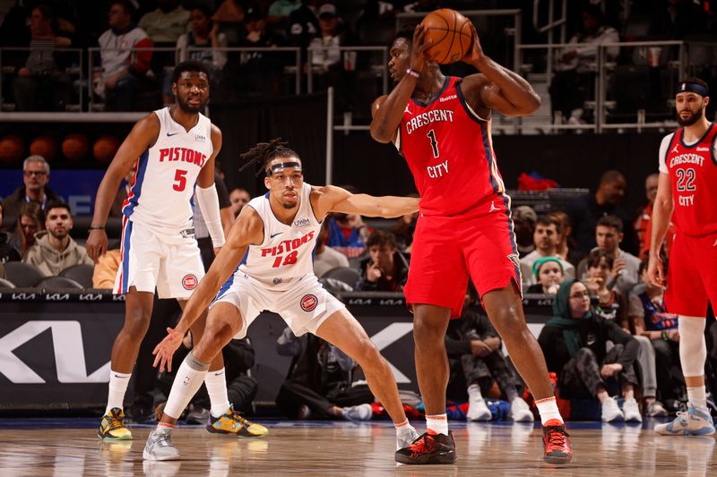 DETROIT, MI - MARCH 24: Tosan Evbuomwan #18 of the Detroit Pistons plays defense during the game against the New Orleans Pelicans on March 24, 2024 at Little Caesars Arena in Detroit, Michigan. NOTE TO USER: User expressly acknowledges and agrees that, by downloading and/or using this photograph, User is consenting to the terms and conditions of the Getty Images License Agreement. Mandatory Copyright Notice: Copyright 2024 NBAE (Photo by Brian Sevald/NBAE via Getty Images)