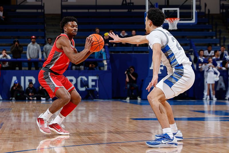 Feb 10, 2023; Colorado Springs, Colorado, USA; New Mexico Lobos guard Jamal Mashburn Jr. (5) controls the ball as Air Force Falcons guard Jeffrey Mills (24) guards in the first half at Clune Arena. Mandatory Credit: Isaiah J. Downing-USA TODAY Sports