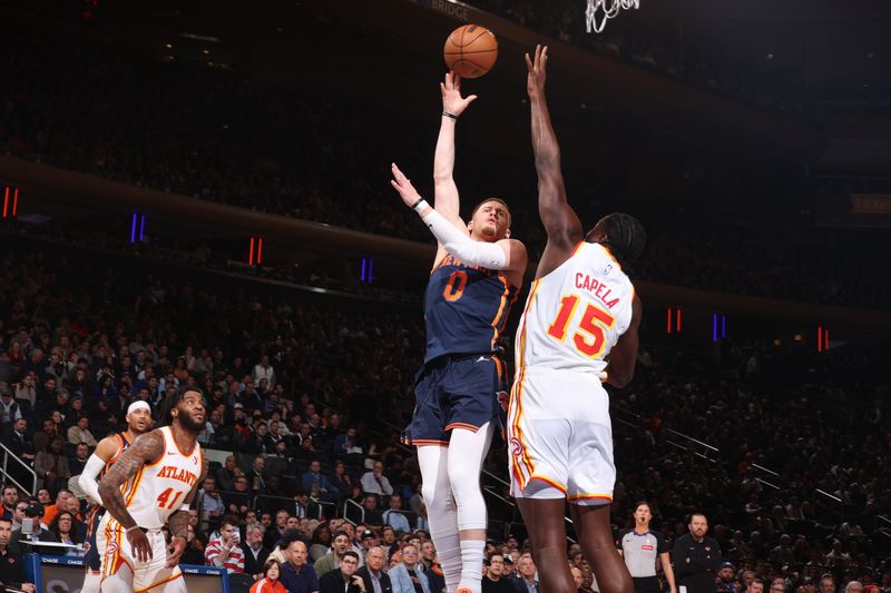 NEW YORK, NY - MARCH 5: Donte Divincenzo #0 of the New York Knicks shoots the ball during the game against the Atlanta Hawks on March 5, 2024 at Madison Square Garden in New York City, New York.  NOTE TO USER: User expressly acknowledges and agrees that, by downloading and or using this photograph, User is consenting to the terms and conditions of the Getty Images License Agreement. Mandatory Copyright Notice: Copyright 2024 NBAE  (Photo by Nathaniel S. Butler/NBAE via Getty Images)