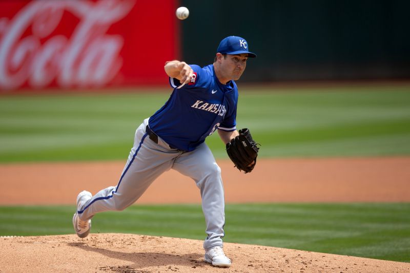 Jun 20, 2024; Oakland, California, USA; Kansas City Royals starting pitcher Seth Lugo (67) delivers a pitch against the Oakland Athletics during the first inning at Oakland-Alameda County Coliseum. Mandatory Credit: D. Ross Cameron-USA TODAY Sports