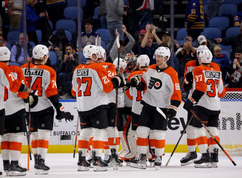 Nov 3, 2023; Buffalo, New York, USA;  The Philadelphia Flyers celebrate a win over the Buffalo Sabres at KeyBank Center. Mandatory Credit: Timothy T. Ludwig-USA TODAY Sports