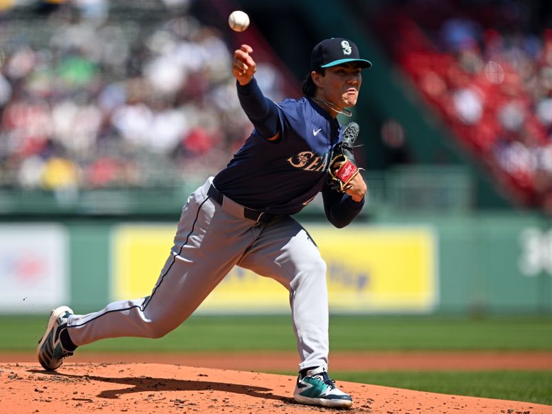 Apr 24, 2025; Boston, Massachusetts, USA; Seattle Mariners starting pitcher Bryan Woo (22) pitches against the Boston Red Sox during the first inning at Fenway Park. Mandatory Credit: Brian Fluharty-Imagn Images