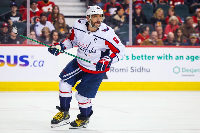 Mar 18, 2024; Calgary, Alberta, CAN; Washington Capitals left wing Alex Ovechkin (8) skates against the Calgary Flames during the first period at Scotiabank Saddledome. Mandatory Credit: Sergei Belski-USA TODAY Sports