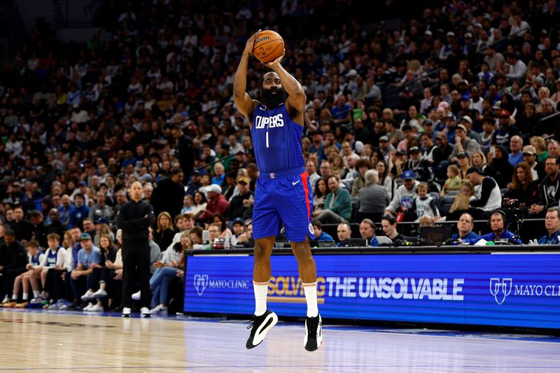 MINNEAPOLIS, MINNESOTA - MARCH 03: James Harden #1 of the LA Clippers shoots the ball against the Minnesota Timberwolves in the first quarter at Target Center on March 03, 2024 in Minneapolis, Minnesota. NOTE TO USER: User expressly acknowledges and agrees that, by downloading and or using this photograph, User is consenting to the terms and conditions of the Getty Images License Agreement. (Photo by David Berding/Getty Images)