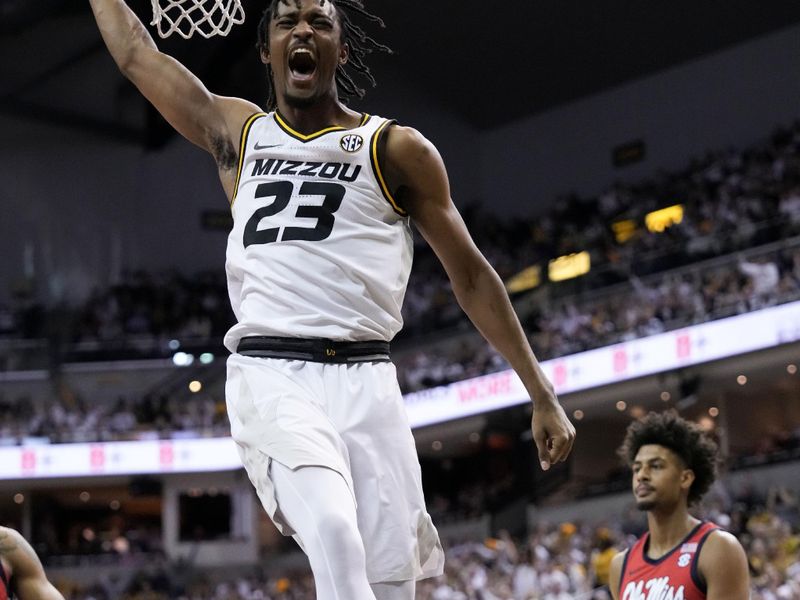 Mar 4, 2023; Columbia, Missouri, USA; Missouri Tigers forward Aidan Shaw (23) dunks against the Mississippi Rebels during the first half at Mizzou Arena. Mandatory Credit: Denny Medley-USA TODAY Sports