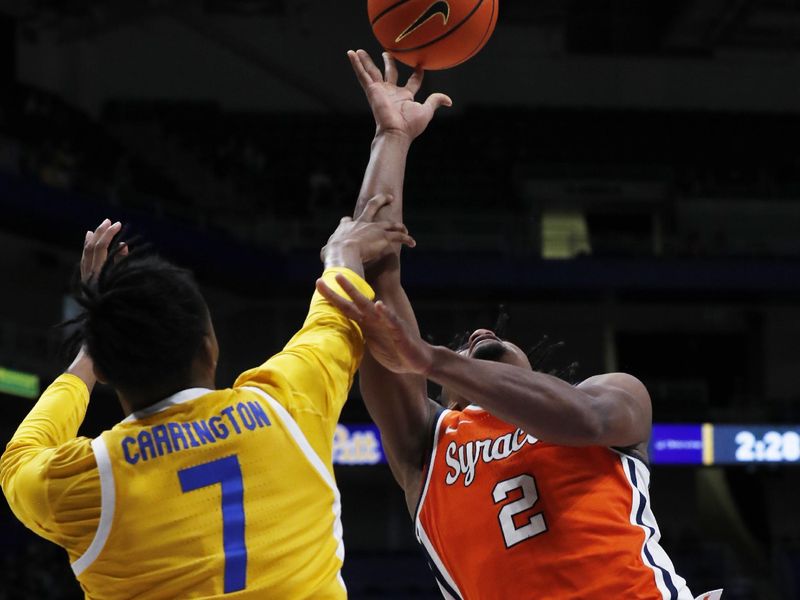 Jan 16, 2024; Pittsburgh, Pennsylvania, USA; Syracuse Orange guard JJ Starling (2) is fouled as he shoots by Pittsburgh Panthers guard Carlton Carrington (7) during the second half at the Petersen Events Center. Syracuse won 69-58. Mandatory Credit: Charles LeClaire-USA TODAY Sports