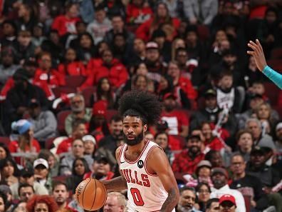 CHICAGO, IL - DECEMBER 6: Coby White #0 of the Chicago Bulls dribbles the ball during the game against the Charlotte Hornets on December 6, 2023 at the United Center in Chicago, Illinois. NOTE TO USER: User expressly acknowledges and agrees that, by downloading and or using this Photograph, user is consenting to the terms and conditions of the Getty Images License Agreement. Mandatory Copyright Notice: Copyright 2023 NBAE (Photo by Gary Dineen/NBAE via Getty Images).