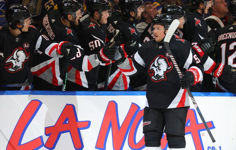 Mar 2, 2024; Buffalo, New York, USA;  Buffalo Sabres left wing Jeff Skinner (53) celebrates his goal with teammates during the first period against the Vegas Golden Knights at KeyBank Center. Mandatory Credit: Timothy T. Ludwig-USA TODAY Sports