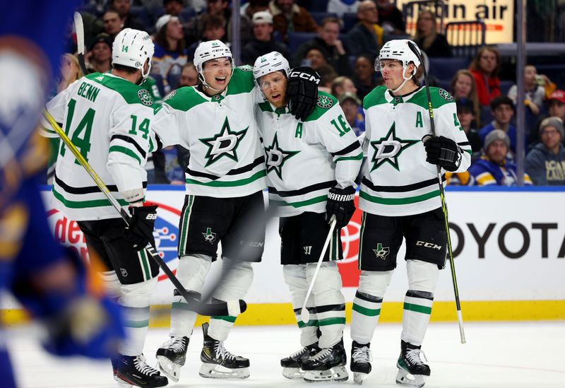 Mar 9, 2023; Buffalo, New York, USA;  Dallas Stars center Joe Pavelski (16) celebrates his goal with teammates during the first period against the Buffalo Sabres at KeyBank Center. Mandatory Credit: Timothy T. Ludwig-USA TODAY Sports