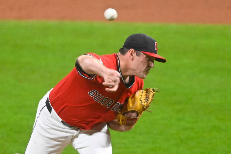 Sep 23, 2025; Cleveland, Ohio, USA; Cleveland Guardians relief pitcher Cade Smith (36) delivers a pitch in the ninth inning against the Detroit Tigers at Progressive Field. Mandatory Credit: David Richard-Imagn Images