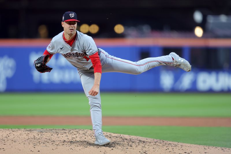Jun 10, 2025; New York City, New York, USA; Washington Nationals starting pitcher MacKenzie Gore (1) follows through on a pitch against the New York Mets during the third inning at Citi Field. Mandatory Credit: Brad Penner-Imagn Images