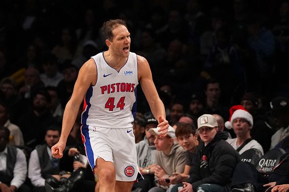 NEW YORK, NEW YORK - DECEMBER 23: Bojan Bogdanovic #44 of the Detroit Pistons reacts against the Brooklyn Nets in the second half at Barclays Center on December 23, 2023 in the Brooklyn borough of New York City. The Nets defeated the Pistons 126-115. NOTE TO USER: User expressly acknowledges and agrees that, by downloading and or using this photograph, User is consenting to the terms and conditions of the Getty Images License Agreement. (Photo by Mitchell Leff/Getty Images)