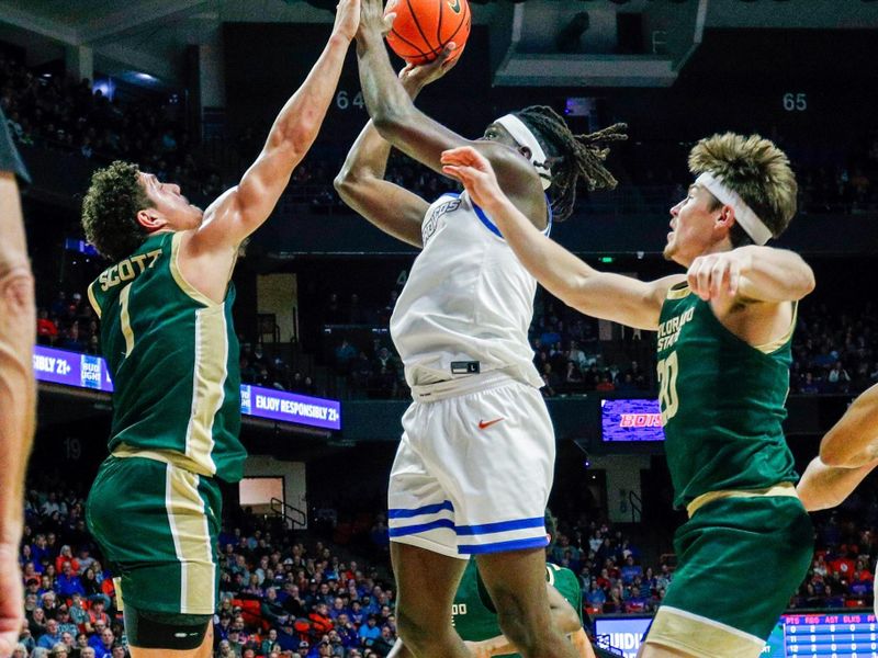 Jan 9, 2024; Boise, Idaho, USA; Boise State Broncos forward O'Mar Stanley (1) shoots the ball during the second half against the Colorado State Rams at ExtraMile Arena.Mandatory Credit: Brian Losness-USA TODAY Sports