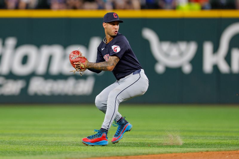 May 13, 2024; Arlington, Texas, USA; Cleveland Guardians shortstop Brayan Rocchio (4) makes a play during the fifth inning against the Texas Rangers at Globe Life Field. Mandatory Credit: Andrew Dieb-USA TODAY Sports