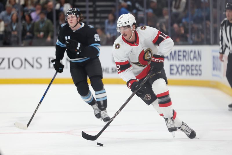 Oct 22, 2024; Salt Lake City, Utah, USA; Ottawa Senators center Shane Pinto (12) skates with the puck against the Utah Hockey Club during the first period at Delta Center. Mandatory Credit: Rob Gray-Imagn Images