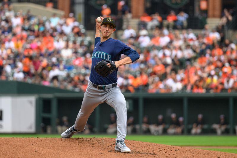 May 19, 2024; Baltimore, Maryland, USA; Seattle Mariners pitcher George Kirby (68) throws a pitch during the first inning against the Baltimore Orioles at Oriole Park at Camden Yards. Mandatory Credit: Reggie Hildred-USA TODAY Sports