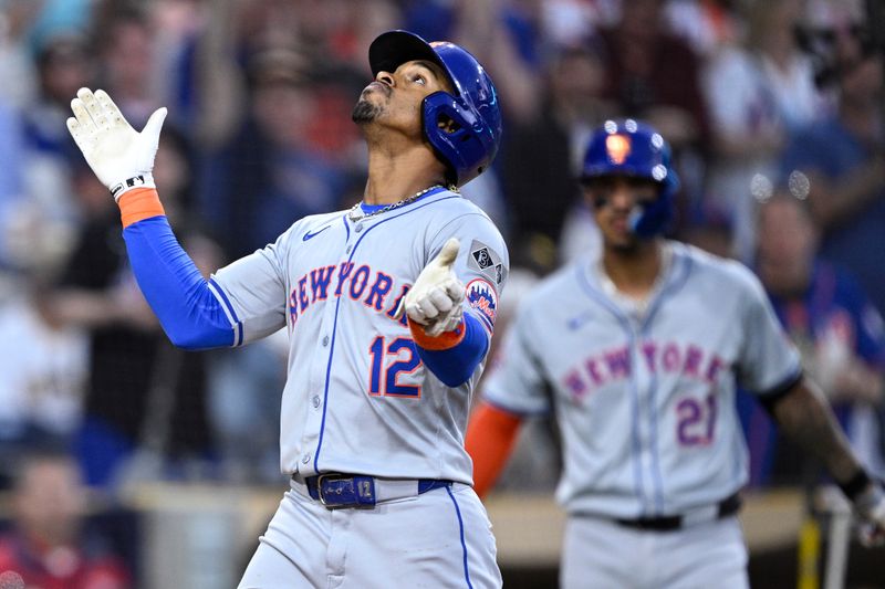 Aug 24, 2024; San Diego, California, USA; New York Mets shortstop Francisco Lindor (12) celebrates after hitting a home run against the San Diego Padres during the seventh inning at Petco Park. Mandatory Credit: Orlando Ramirez-USA TODAY Sports