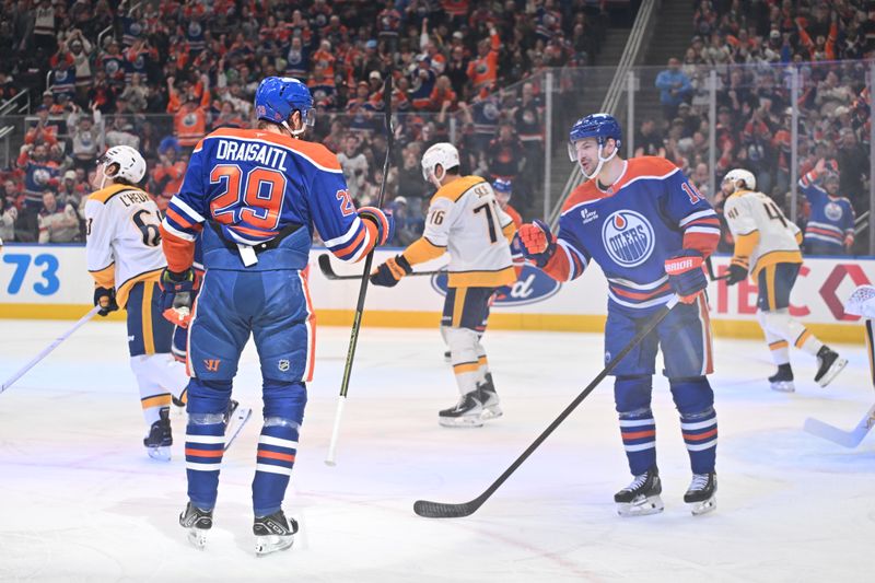 Mar 15, 2026; Edmonton, Alberta, CAN; Edmonton Oilers center Leon Draisaitl (29) and Oilers left wing Zach Hyman (18) celebrate a goal on Nashville Predators goalie Justus Annunen (29) during the first period at Rogers Place. Mandatory Credit: Walter Tychnowicz-Imagn Images Mar 15, 2026; Edmonton, Alberta, CAN; Edmonton Oilers center Leon Draisaitl (29) and Oilers left wing Zach Hyman (18) celebrate a goal on Nashville Predators goalie Justus Annunen (29) during the first period at Rogers Place. Mandatory Credit: Walter Tychnowicz-Imagn Images