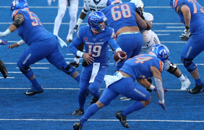 Oct 24, 2020; Boise, Idaho, USA;  Boise State Broncos quarterback Hank Bachmeier (19) fakes handoff to running back George Holani (24) during the first half versus the Utah State Aggies at Albertsons Stadium. Mandatory Credit: Brian Losness-USA TODAY Sports

