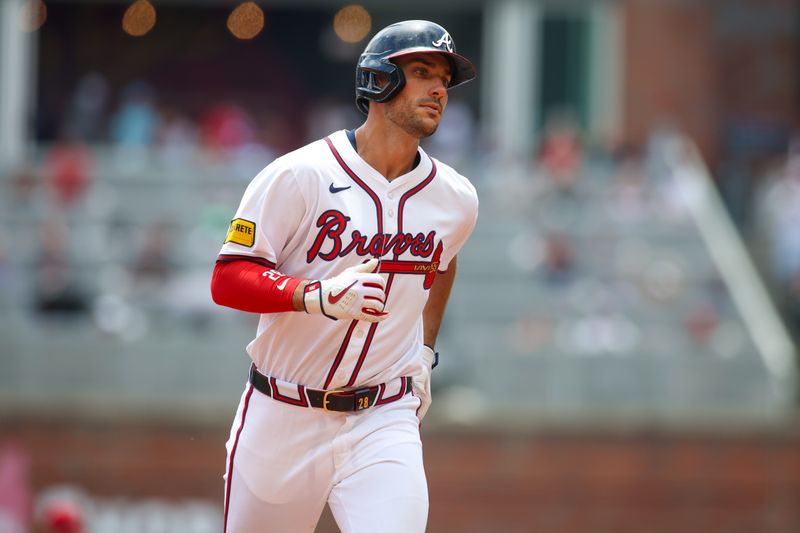 Jul 7, 2024; Atlanta, Georgia, USA; Atlanta Braves first baseman Matt Olson (28) runs to third after a home run against the Philadelphia Phillies in the second inning at Truist Park. Mandatory Credit: Brett Davis-USA TODAY Sports
