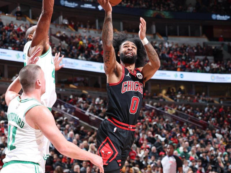 CHICAGO, IL - NOVEMBER 29: Coby White #0 of the Chicago Bulls drives to the basket during the game against the Boston Celtics during the Emirates NBA Cup game on November 29, 2024 at United Center in Chicago, Illinois. NOTE TO USER: User expressly acknowledges and agrees that, by downloading and or using this photograph, User is consenting to the terms and conditions of the Getty Images License Agreement. Mandatory Copyright Notice: Copyright 2024 NBAE (Photo by Jeff Haynes/NBAE via Getty Images)