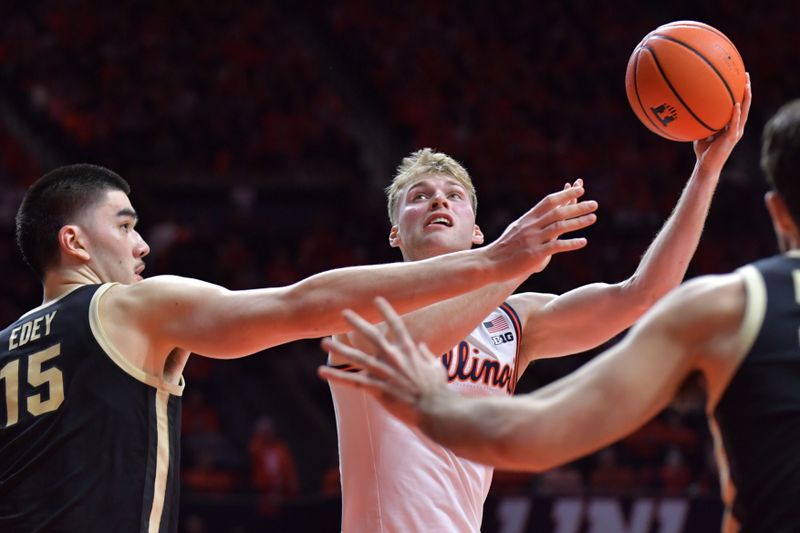 Mar 5, 2024; Champaign, Illinois, USA; Illinois Fighting Illini guard Marcus Domask (3) drives past Purdue Boilermakers center Zach Edey (15) during the first half at State Farm Center. Mandatory Credit: Ron Johnson-USA TODAY Sports