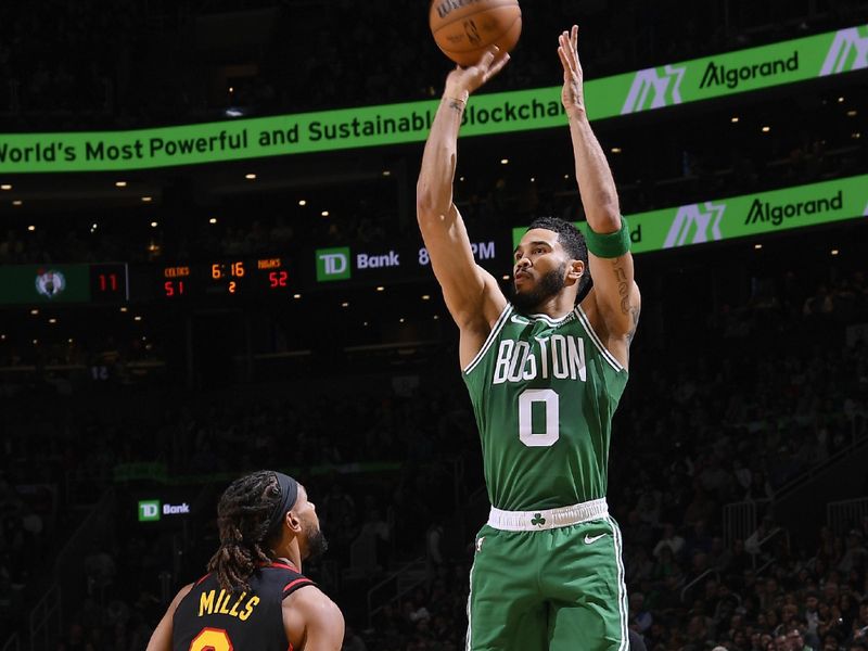 BOSTON, MA - FEBRUARY 7: Jayson Tatum #0 of the Boston Celtics shoots the ball during the game against the Atlanta Hawks on February 7, 2024 at the TD Garden in Boston, Massachusetts. NOTE TO USER: User expressly acknowledges and agrees that, by downloading and or using this photograph, User is consenting to the terms and conditions of the Getty Images License Agreement. Mandatory Copyright Notice: Copyright 2024 NBAE  (Photo by Brian Babineau/NBAE via Getty Images)