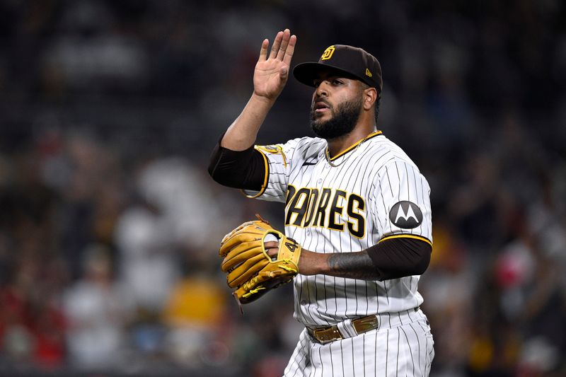 Sep 5, 2023; San Diego, California, USA; San Diego Padres starting pitcher Pedro Avila (60) acknowledges the crowd after a pitching change in the seventh inning against the Philadelphia Phillies at Petco Park. Mandatory Credit: Orlando Ramirez-USA TODAY Sports