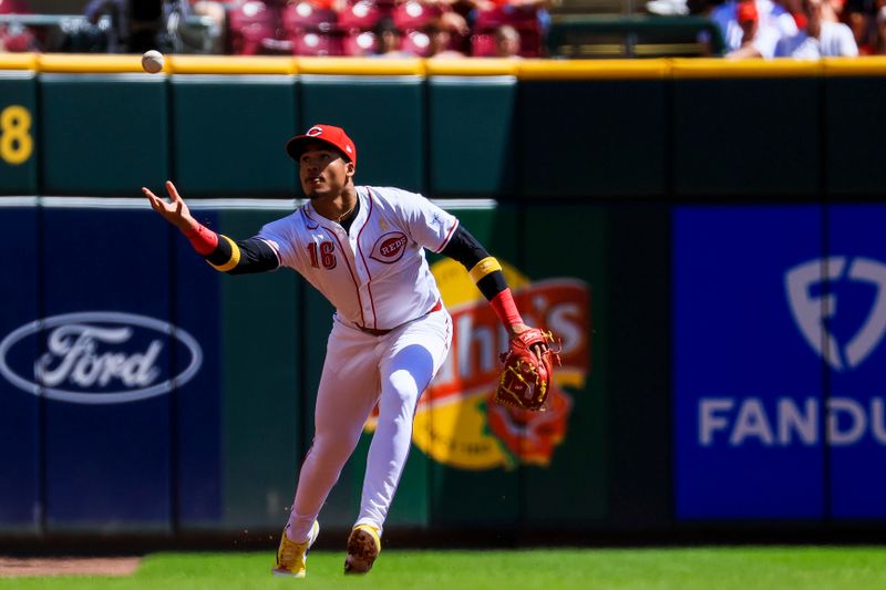 Sep 1, 2024; Cincinnati, Ohio, USA; Cincinnati Reds third baseman Noelvi Marte (16) fields the ball hit by Milwaukee Brewers outfielder Jackson Chourio (not pictured) in the third inning at Great American Ball Park. Mandatory Credit: Katie Stratman-USA TODAY Sports