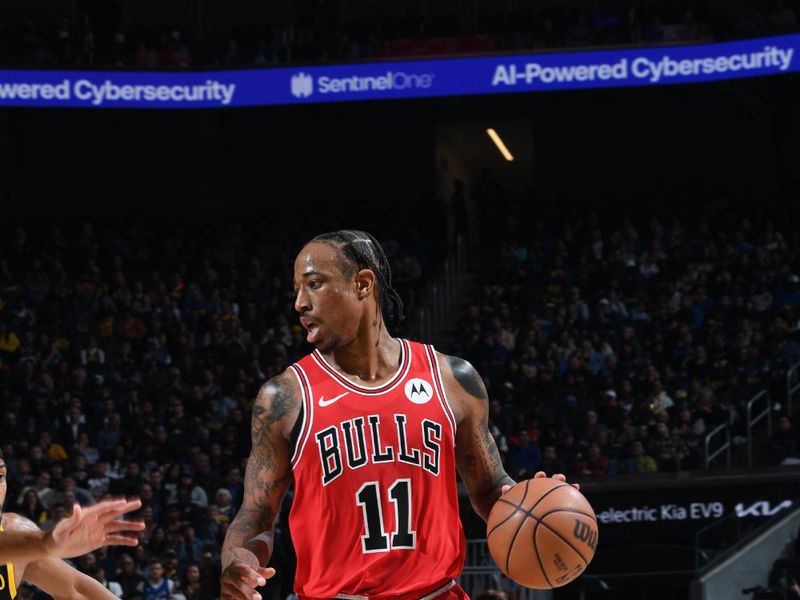 SAN FRANCISCO, CA - MARCH 7: DeMar DeRozan #11 of the Chicago Bulls handles the ball during the game against the Golden State Warriors on March 7, 2024 at Chase Center in San Francisco, California. NOTE TO USER: User expressly acknowledges and agrees that, by downloading and or using this photograph, user is consenting to the terms and conditions of Getty Images License Agreement. Mandatory Copyright Notice: Copyright 2024 NBAE (Photo by Noah Graham/NBAE via Getty Images)