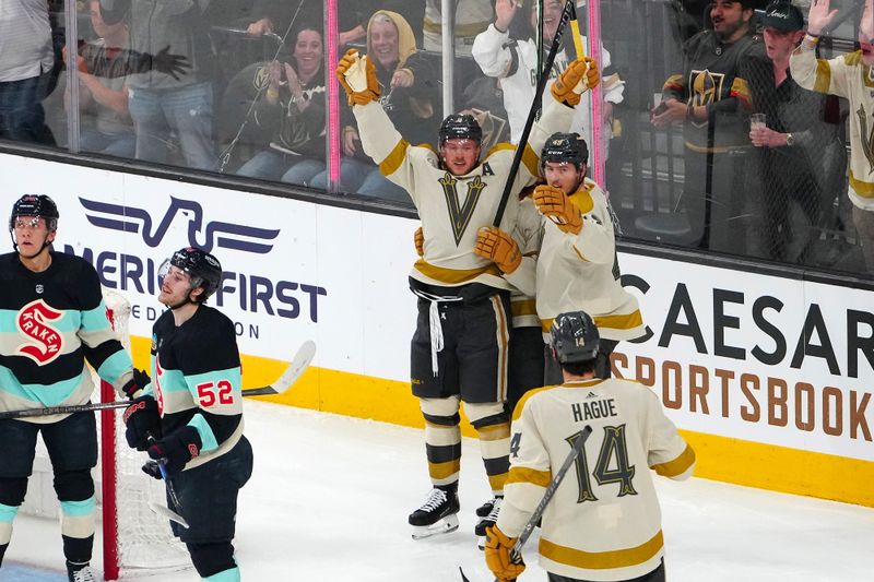 Mar 21, 2024; Las Vegas, Nevada, USA; Vegas Golden Knights center Jack Eichel (9) celebrates after scoring a goal against the Seattle Kraken during the first period at T-Mobile Arena. Mandatory Credit: Stephen R. Sylvanie-USA TODAY Sports