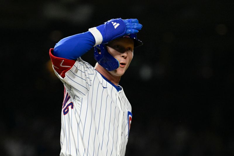 Apr 22, 2025; Chicago, Illinois, USA;  Chicago Cubs outfielder Pete Crow-Armstrong (4) runs after he hits a two run home run during the fifth inning against the Los Angeles Dodgers at Wrigley Field. Mandatory Credit: Matt Marton-Imagn Images