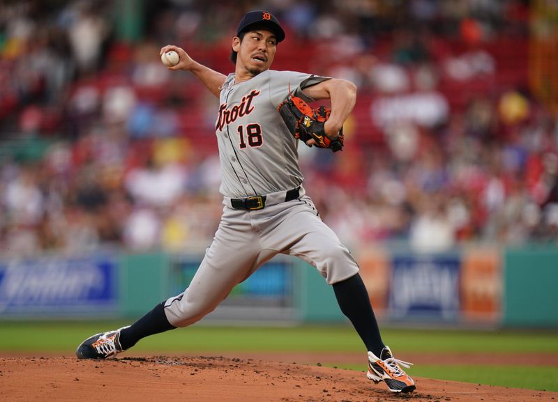 May 31, 2024; Boston, Massachusetts, USA;  Detroit Tigers starting pitcher Kenta Maeda (18) throws a pitch against the Boston Red Sox in the first inning at Fenway Park. Mandatory Credit: David Butler II-USA TODAY Sports