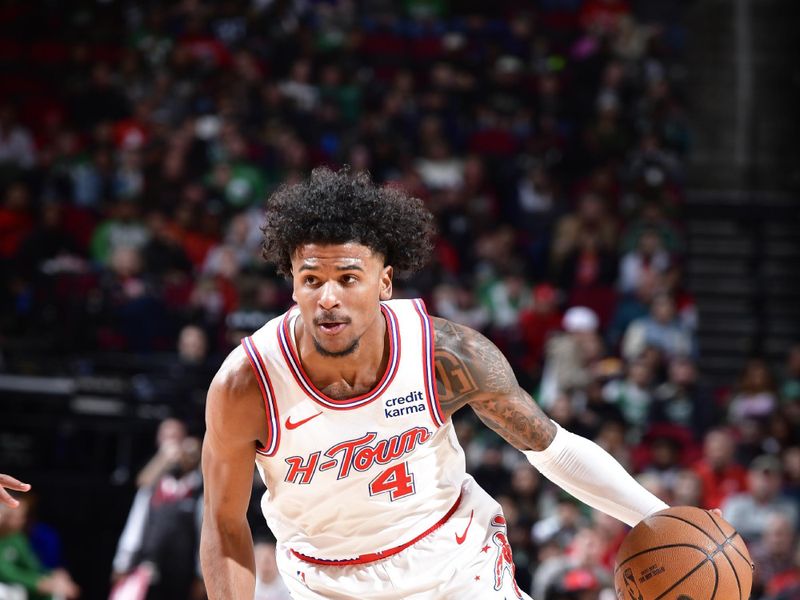 HOUSTON, TX - JANUARY 21: Jalen Green #4 of the Houston Rockets dribbles the ball during the game against the Boston Celtics on January 21, 2024 at the Toyota Center in Houston, Texas. NOTE TO USER: User expressly acknowledges and agrees that, by downloading and or using this photograph, User is consenting to the terms and conditions of the Getty Images License Agreement. Mandatory Copyright Notice: Copyright 2024 NBAE (Photo by Logan Riely/NBAE via Getty Images)