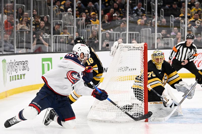 Feb 26, 2026; Boston, Massachusetts, USA; Columbus Blue Jackets center Boone Jenner (38) can't makes the goal against Boston Bruins goaltender Joonas Korpisalo (70) during the second period at TD Garden. Mandatory Credit: Eric Canha-Imagn Images