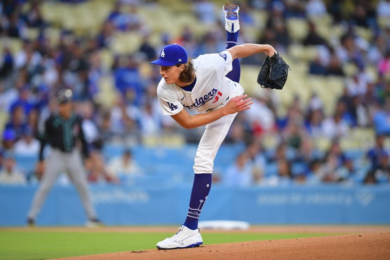 May 22, 2024; Los Angeles, California, USA; Los Angeles Dodgers pitcher Tyler Glasnow (31) throws against the Arizona Diamondbacks during the first inning at Dodger Stadium. Mandatory Credit: Gary A. Vasquez-USA TODAY Sports