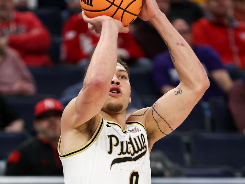 Mar 16, 2024; Minneapolis, MN, USA; Purdue Boilermakers forward Mason Gillis (0) shoots against the Wisconsin Badgers during the first half at Target Center. Mandatory Credit: Matt Krohn-USA TODAY Sports