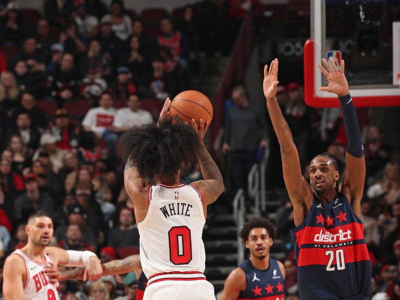 CHICAGO, IL - JANUARY 10: Coby White #0 of the Chicago Bulls shoots the ball during the game against the Washington Wizards on January 10, 2025 at United Center in Chicago, Illinois. NOTE TO USER: User expressly acknowledges and agrees that, by downloading and or using this photograph, User is consenting to the terms and conditions of the Getty Images License Agreement. Mandatory Copyright Notice: Copyright 2024 NBAE (Photo by Gary Dineen/NBAE via Getty Images)