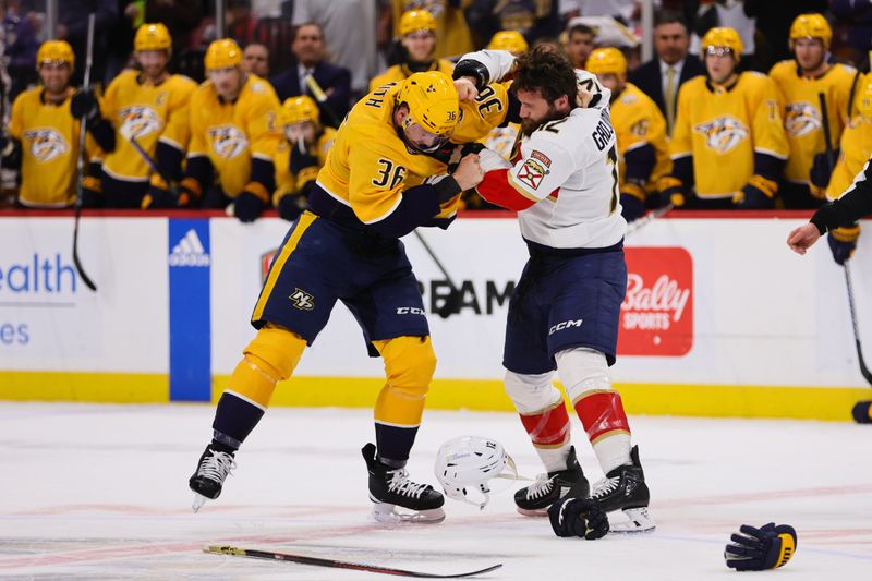 Mar 21, 2024; Sunrise, Florida, USA; Nashville Predators left wing Cole Smith (36) and Florida Panthers left wing Jonah Gadjovich (12) fight during the first period at Amerant Bank Arena. Mandatory Credit: Sam Navarro-USA TODAY Sports