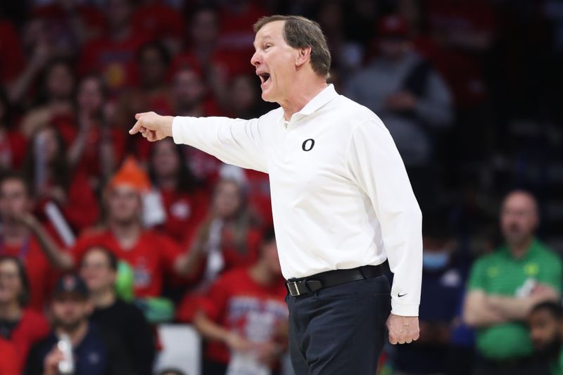 Feb 2, 2023; Tucson, Arizona, USA; Oregon Ducks head coach Dana Altman reacts on the sideline in the first hall at McKale Center. Mandatory Credit: Zachary BonDurant-USA TODAY Sports