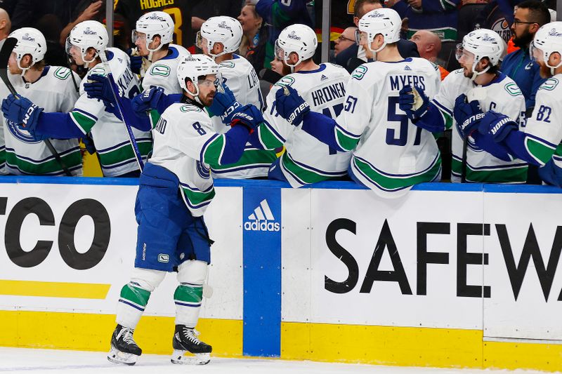 May 14, 2024; Edmonton, Alberta, CAN; The Vancouver Canucks celebrate a goal by  forward Conor Garland (8) during the third period against the Edmonton Oilers in game four of the second round of the 2024 Stanley Cup Playoffs at Rogers Place. Mandatory Credit: Perry Nelson-USA TODAY Sports