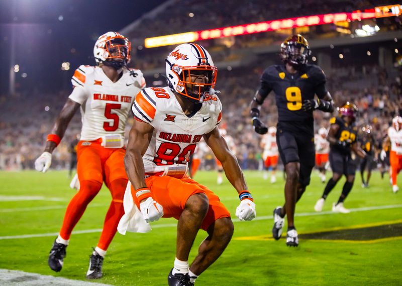 Sep 9, 2023; Tempe, Arizona, USA; Oklahoma State Cowboys wide receiver Brennan Presley (80) celebrates after scoring a touchdown against the Arizona State Sun Devils in the second half at Mountain America Stadium. Mandatory Credit: Mark J. Rebilas-USA TODAY Sports